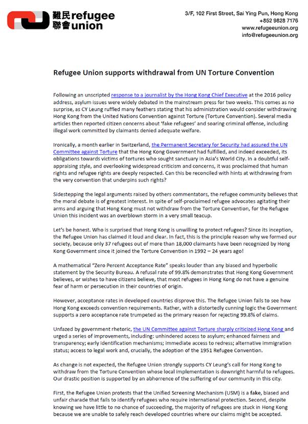 Refugee Union supports withdrawal from UN Torture Convention