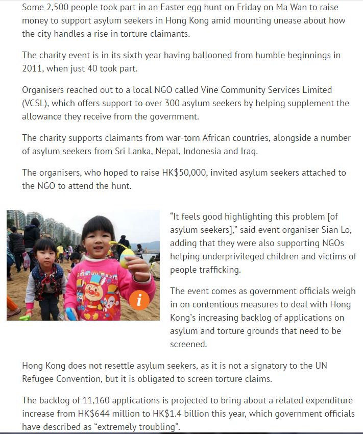 SCMP 25 March 2016, Egg Hunt Raises money for Refugees