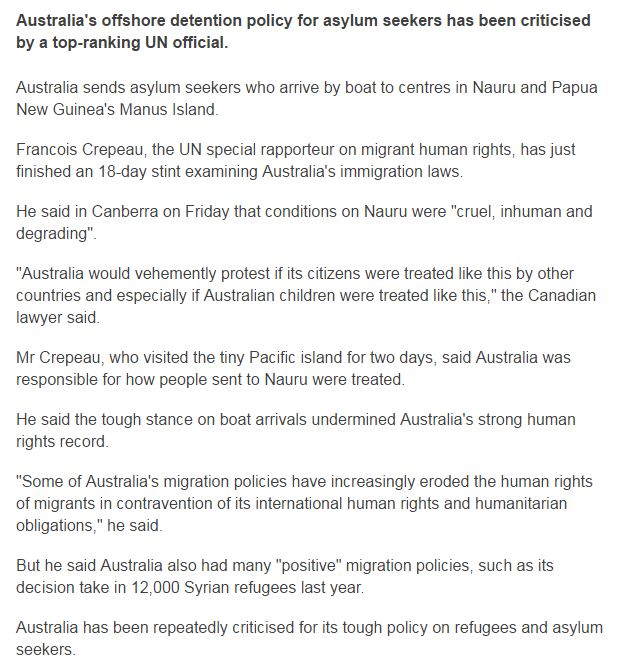 Australian Offshore Refugee Program Criticised by the UN