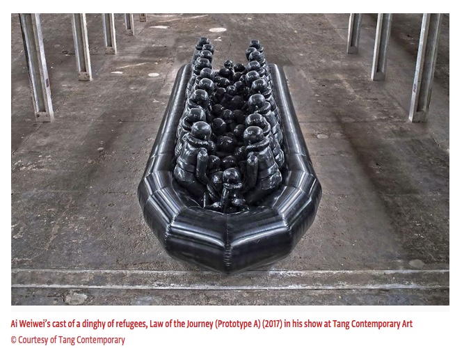 "Ai Weiwei's cast of a dinghy of refugees, Law of the Journey" (Prototype A) (2017) in his show at Tang Contemporary Art" 