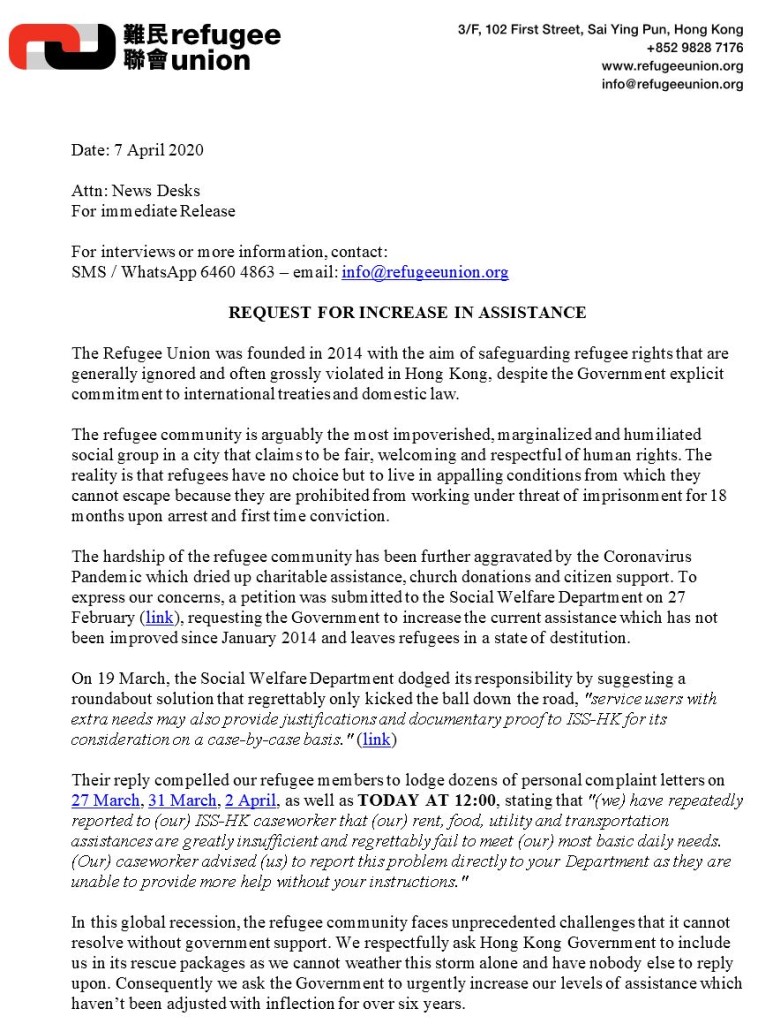 Refugee Union Press Release (Petition to SWD) - 7Apr2020