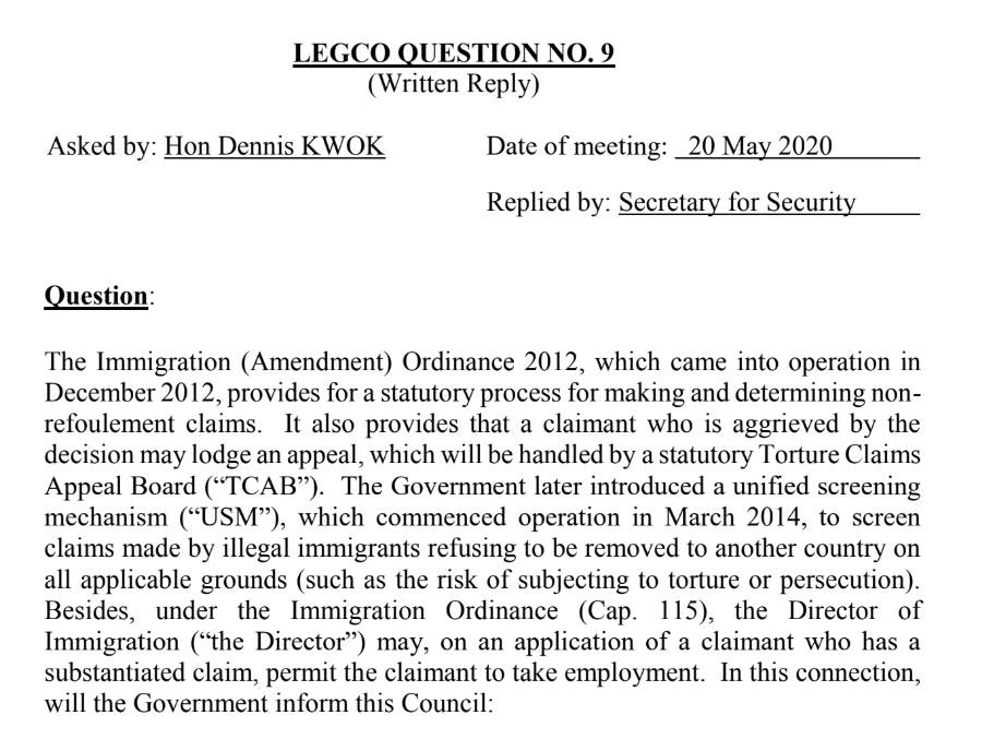Question to Legco - 20May2020
